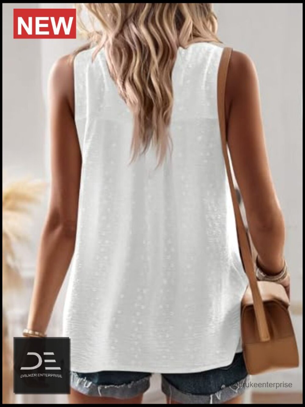 Women's Loose Fit Sleeveless Crew Neck Camisole Swiss Dots Tank Top - Picture 3 of 7